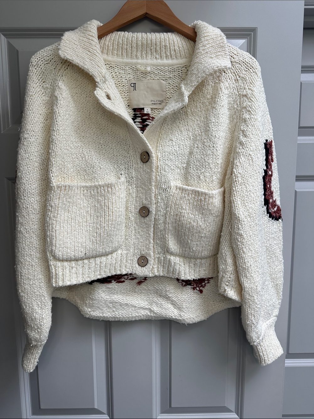 Pilcro Cream Button-Front Knit Jacket with Embroidered Detail